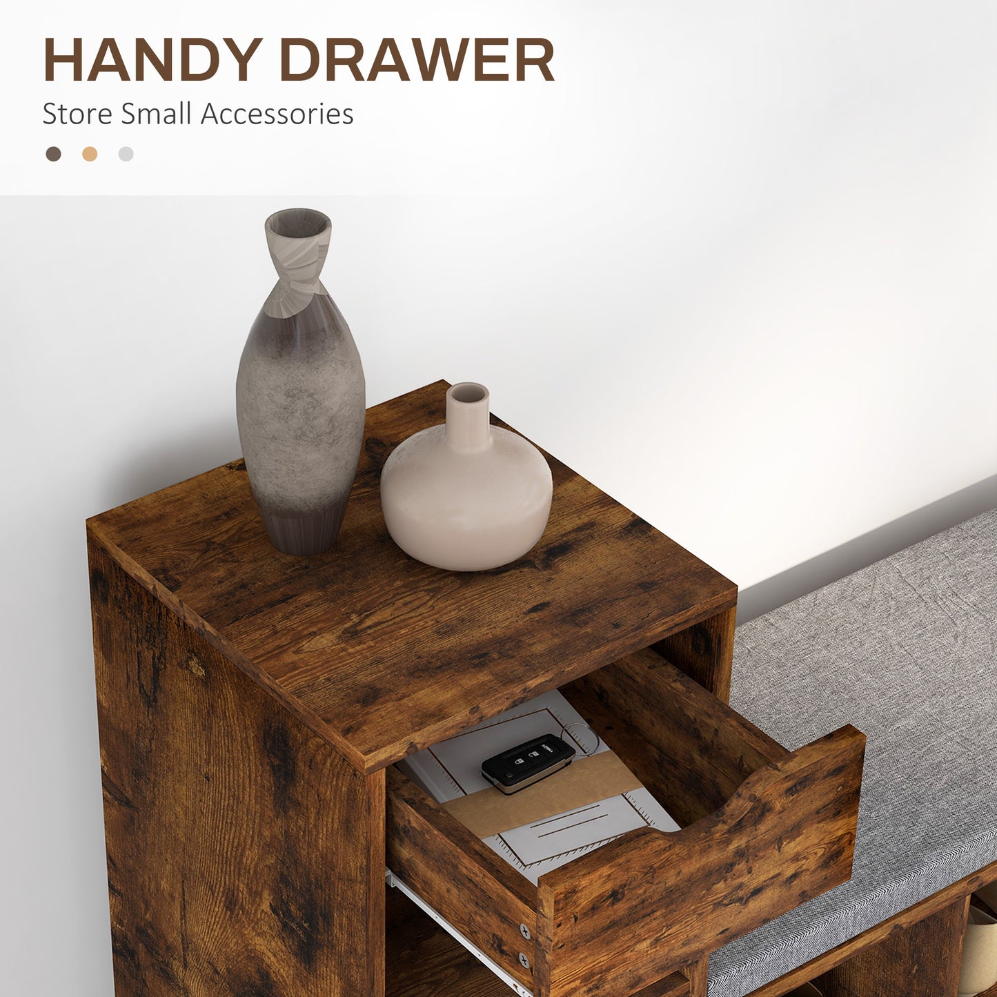 HOMCOM Rustic Brown Upholstered Shoe Storage Bench with Drawer & 6 Shelves