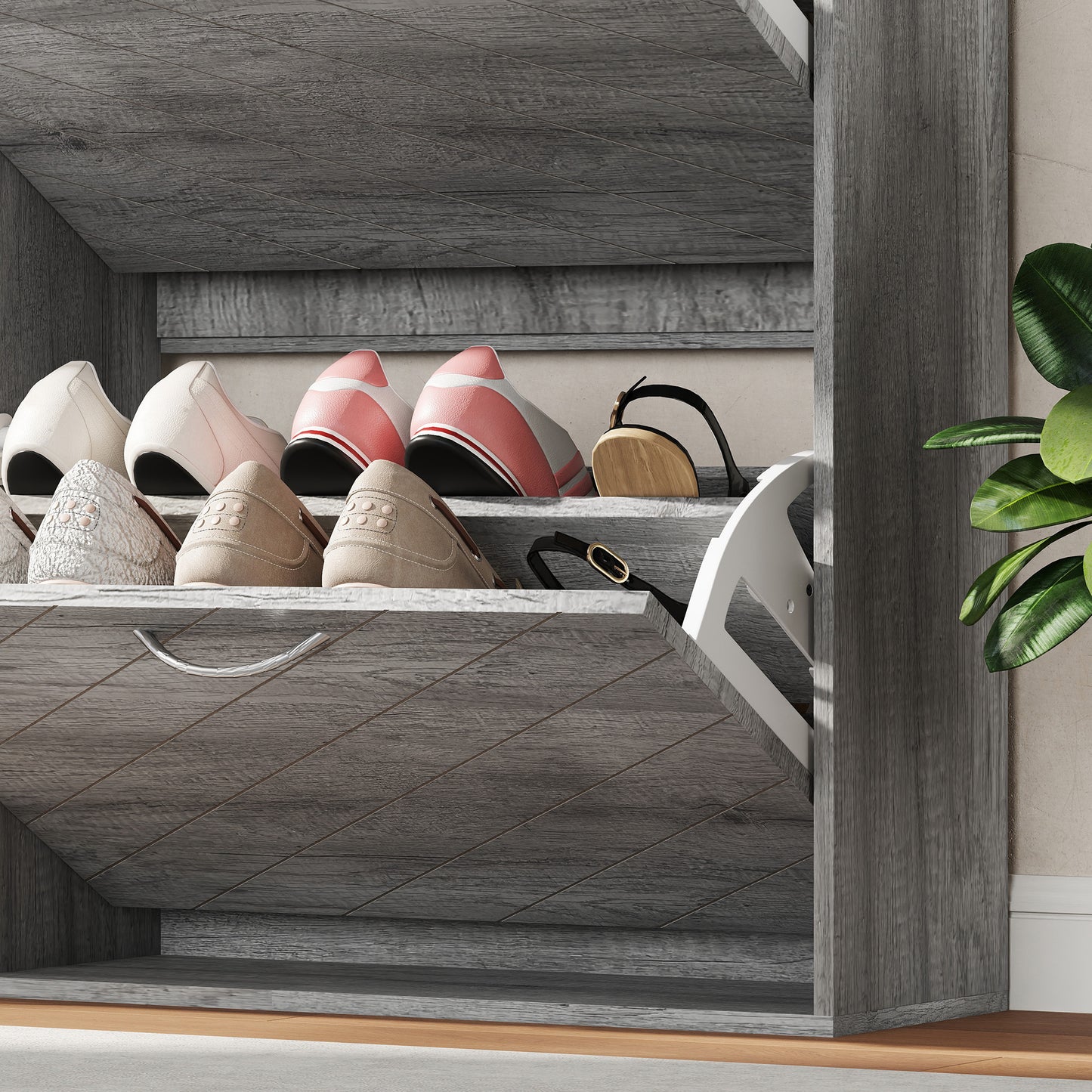 HOMCOM Slim Grey 4-Drawer Flip Shoe Cabinet 12 Pair Entryway Organizer