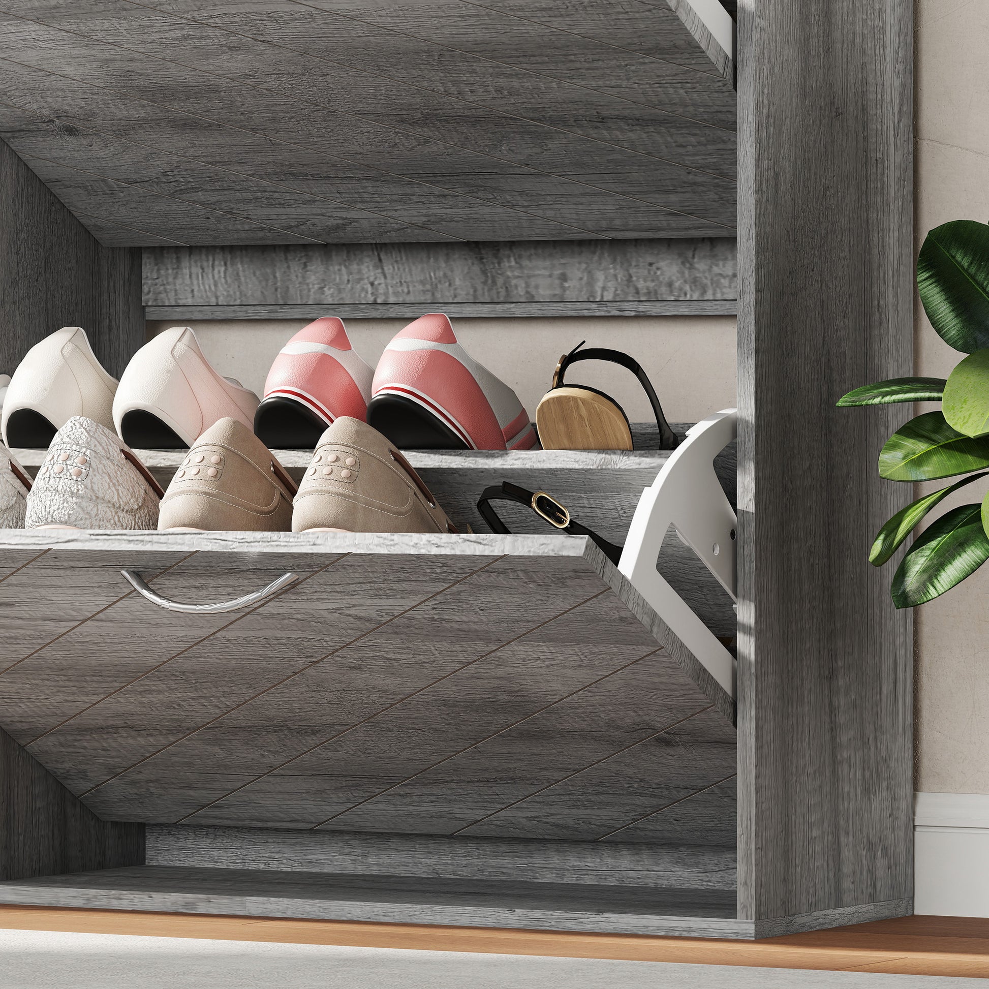 HOMCOM Slim Grey 4-Drawer Flip Shoe Cabinet 12 Pair Entryway Organizer