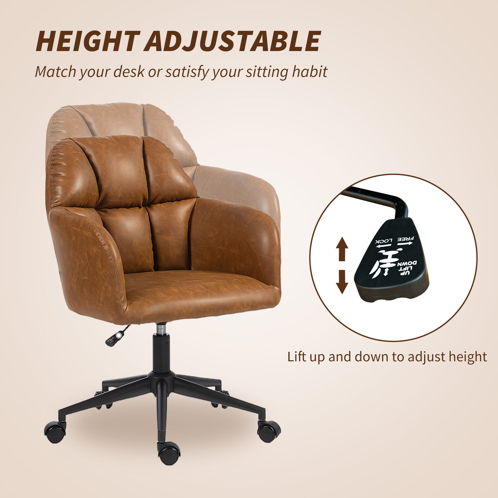 HOMCOM Swivel Faux Leather Office Desk Chair, Adjustable Height, Ergonomic Lumbar Support, Brown