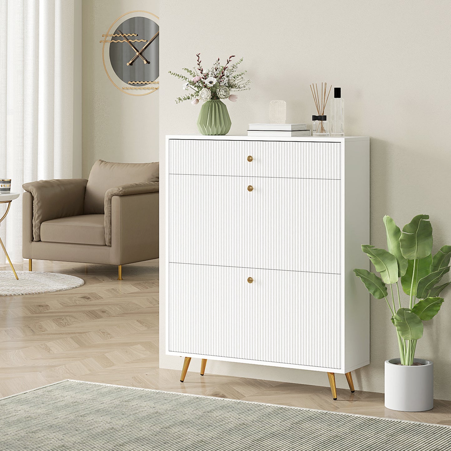 Narrow Shoe Storage Cabinet with Wave-like Panels and Adjustable Shelves for 12 Pairs of Shoes, White