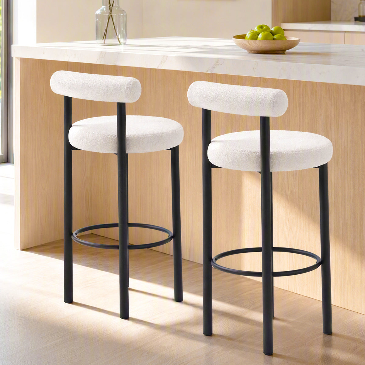Sherpa Bar Height Stools with Backrest and Footrest, Set of 2, Cream White