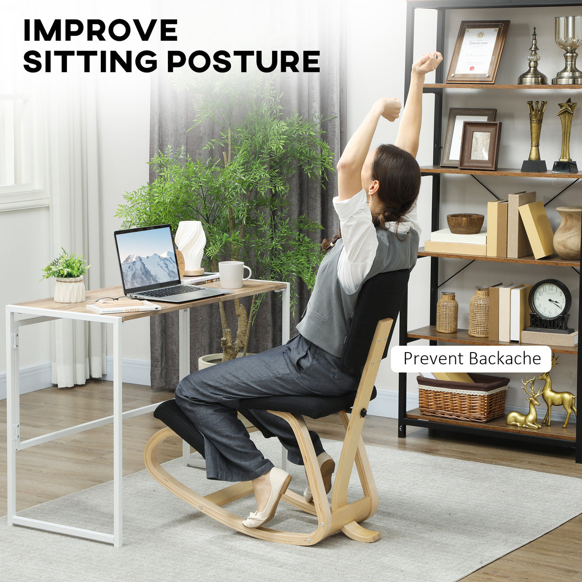 Ergonomic Kneeling Chair, Rocking Wood Kneel Stool with Backrest for Improved Posture, Black