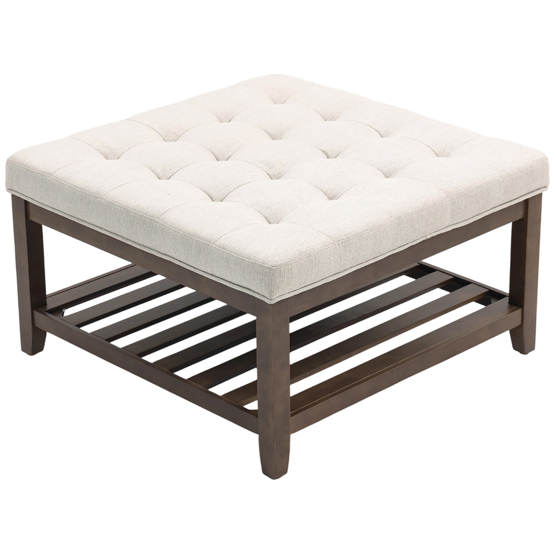 HOMCOM Square Ottoman Coffee Table with Storage, Beige Linen Tufted