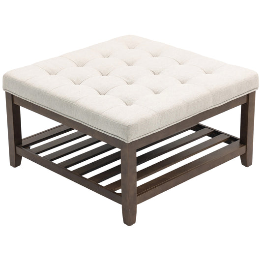 HOMCOM Square Ottoman Coffee Table with Storage, Beige Linen Tufted