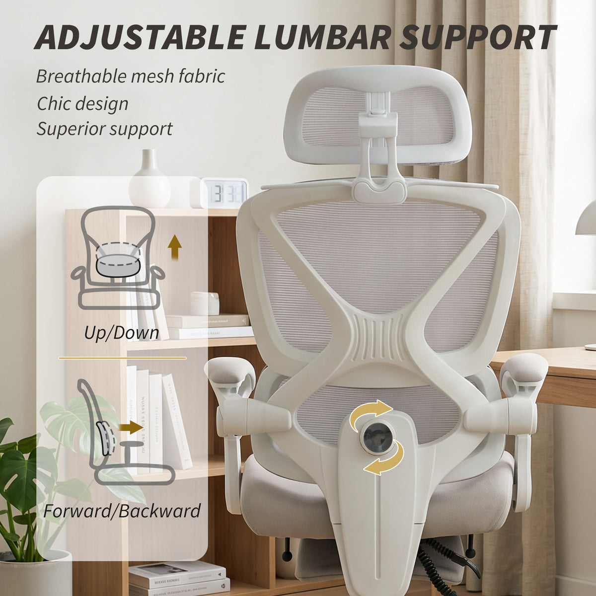 Mesh Desk Chair with Adjustable Headrest, Light Grey