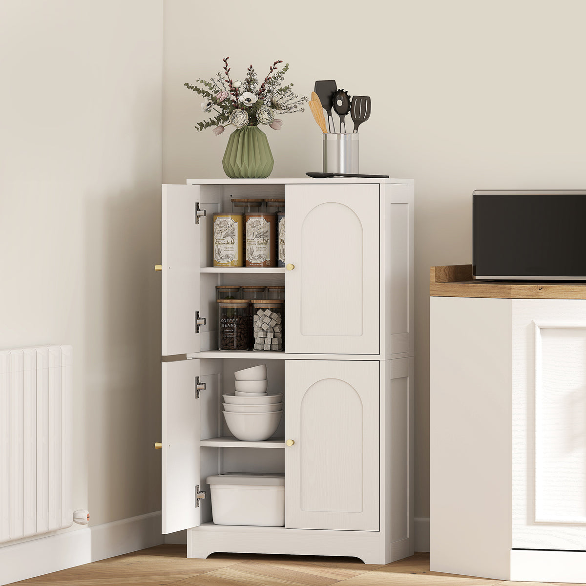 Kitchen Pantry Cabinet with 4 Arched Doors and 2 Adjustable Shelves – 24"W x 43"H