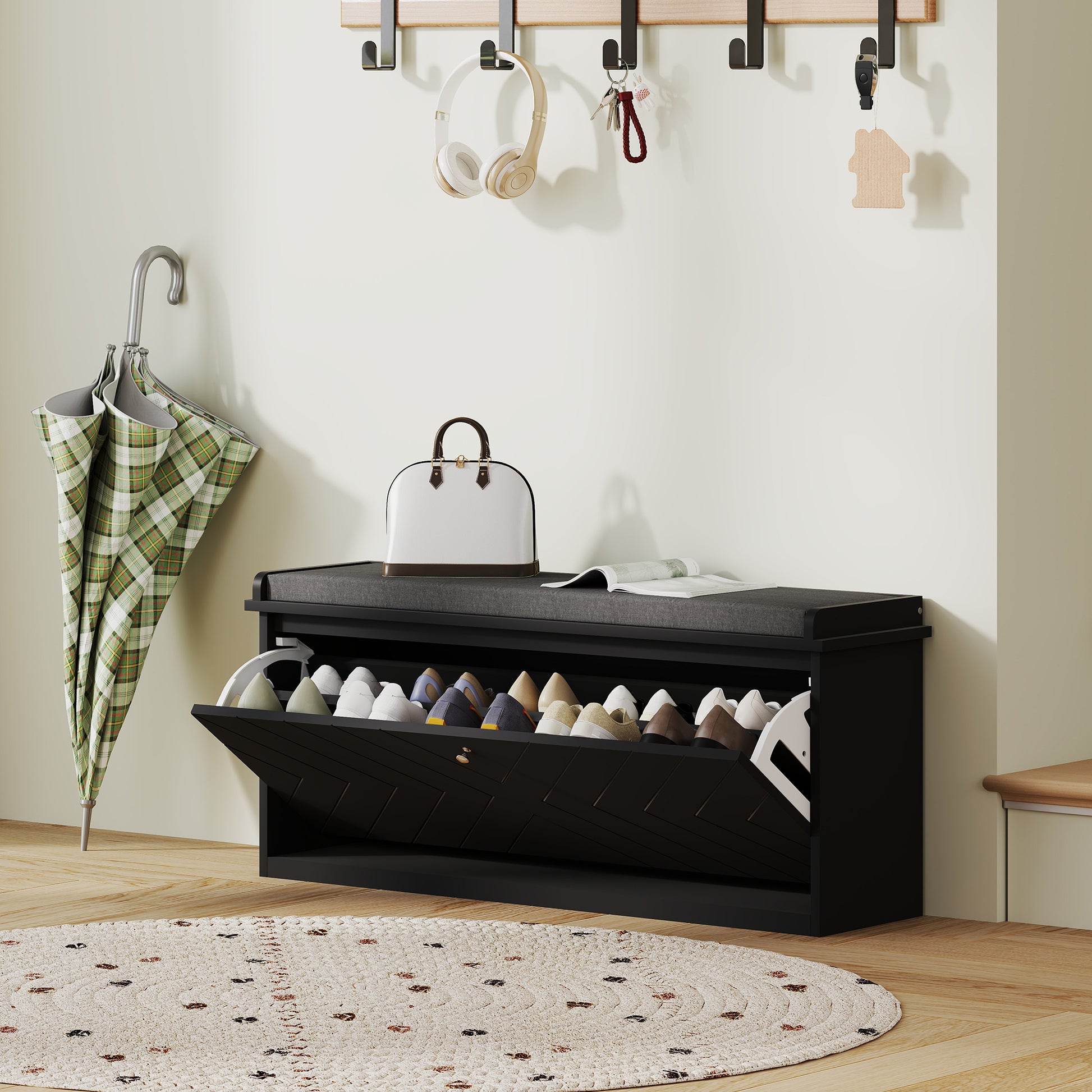 HOMCOM Upholstered Hallway Shoe Bench with Flip Drawer, Adjustable Storage Shelf