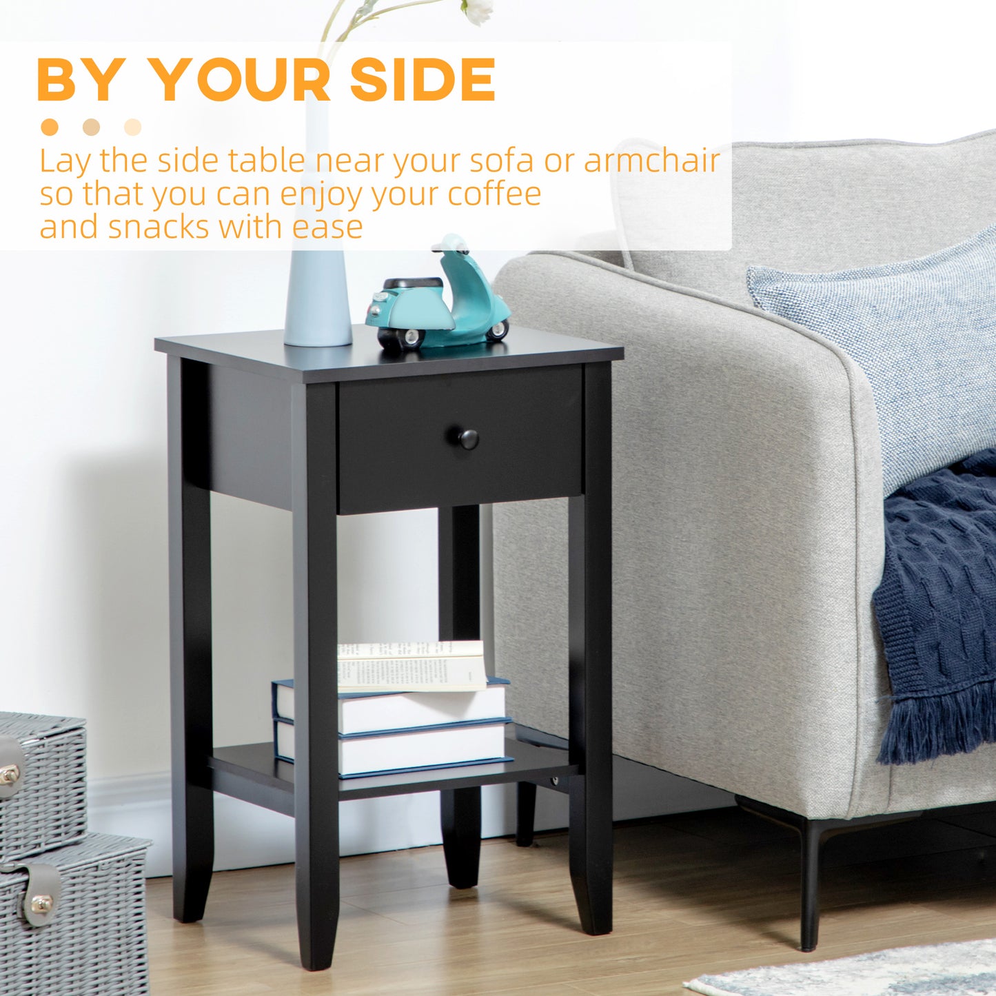 HOMCOM Modern Black 2-Tier Side Table with Drawer and Open Storage Shelf