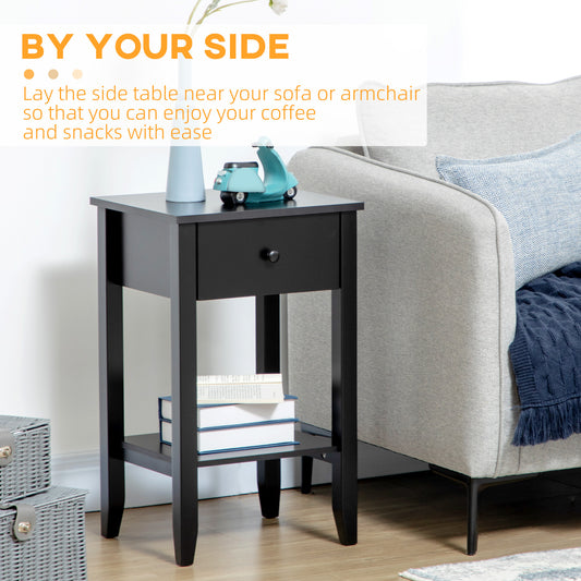 HOMCOM Modern Black 2-Tier Side Table with Drawer and Open Storage Shelf