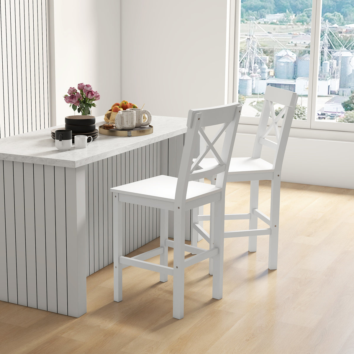 Farmhouse Solid Wood Counter Stools with Cross Backs, Set of 2, White