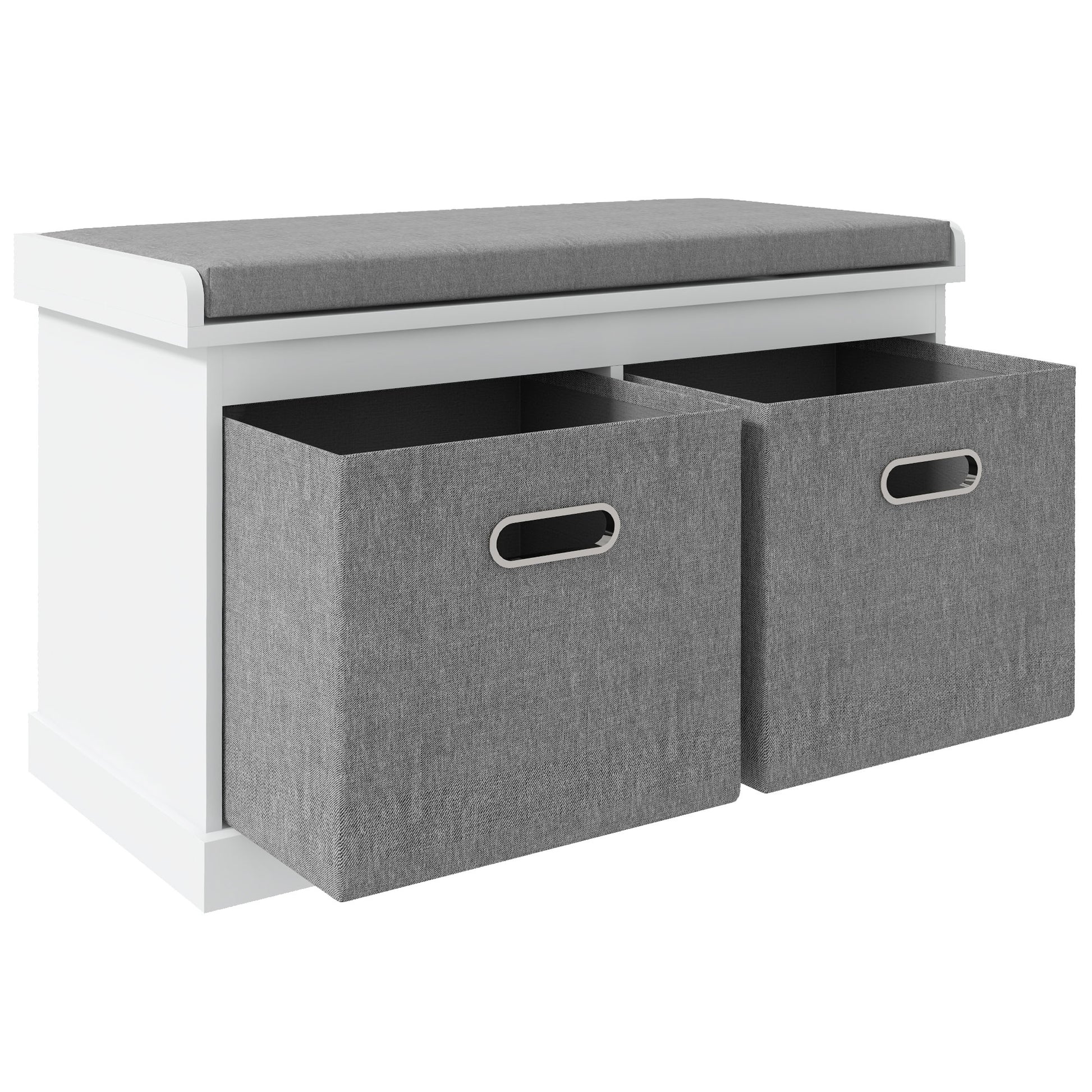 HOMCOM White Entryway Shoe Storage Bench, Comfortable Cushion, Two Fabric Drawers
