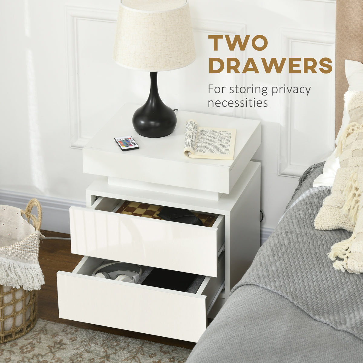 LED Nightstand with 2 Drawers – 18"W x 21"H