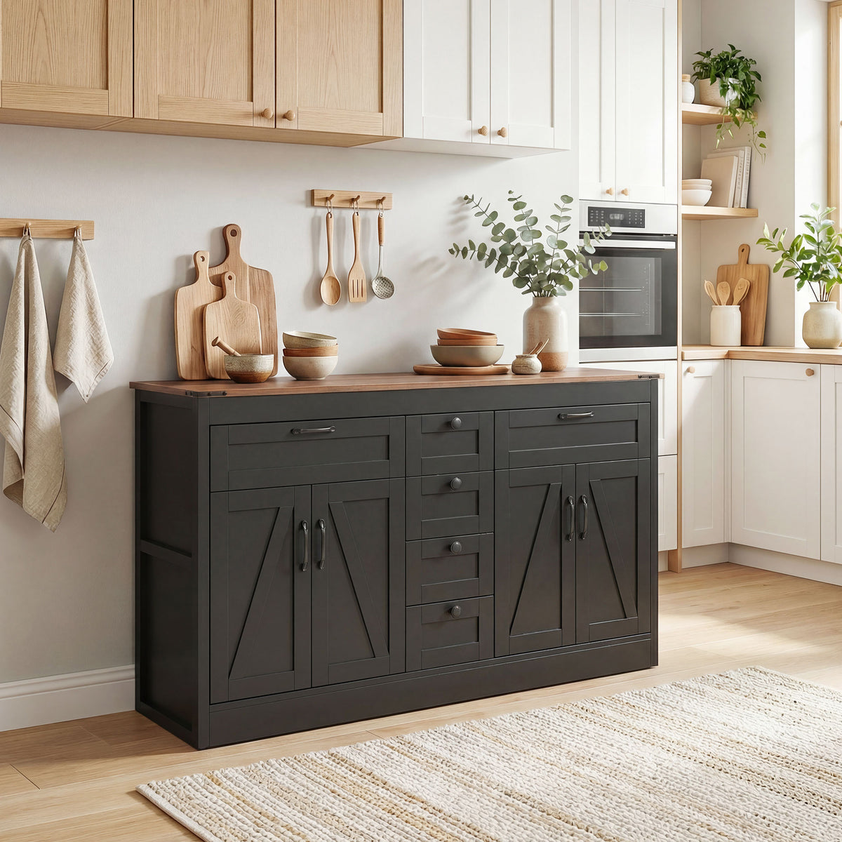 Farmhouse Kitchen Cabinet with 4 Barn Doors – 55"W x 32"H