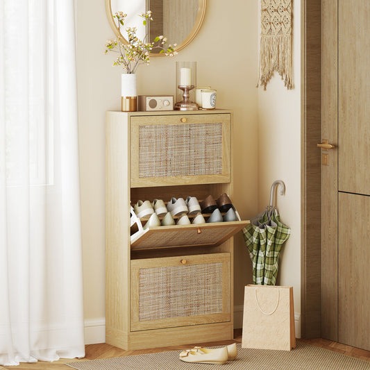 Rattan Shoe Storage Cabinet with 3 Flip Drawers – 24"W x 45"H