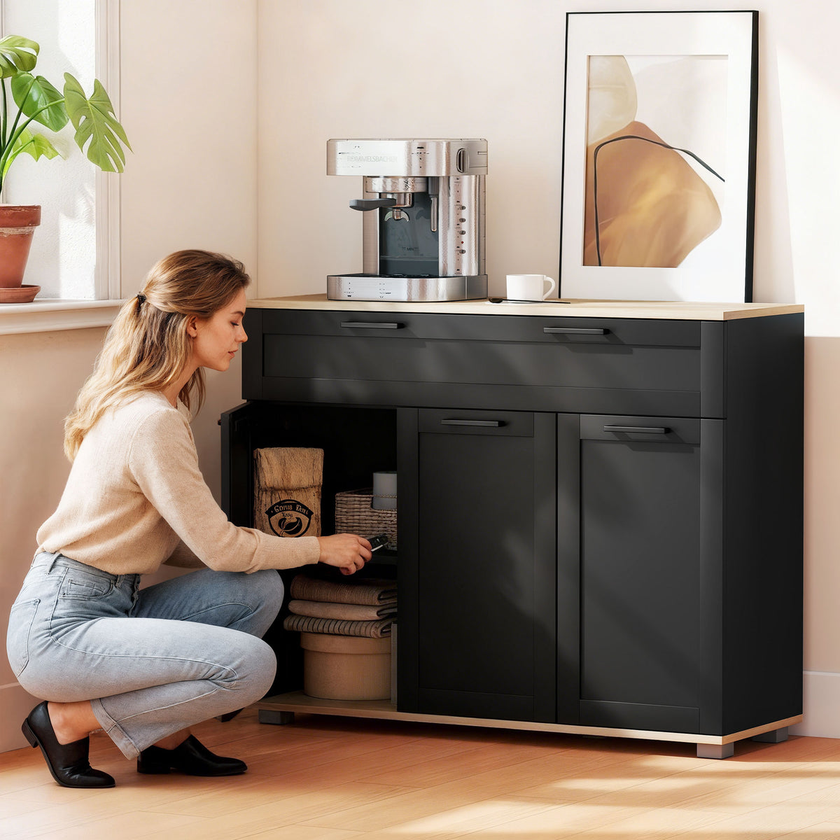 Modern Coffee Bar Cabinet with Wide Drawer – 39"W x 31"H