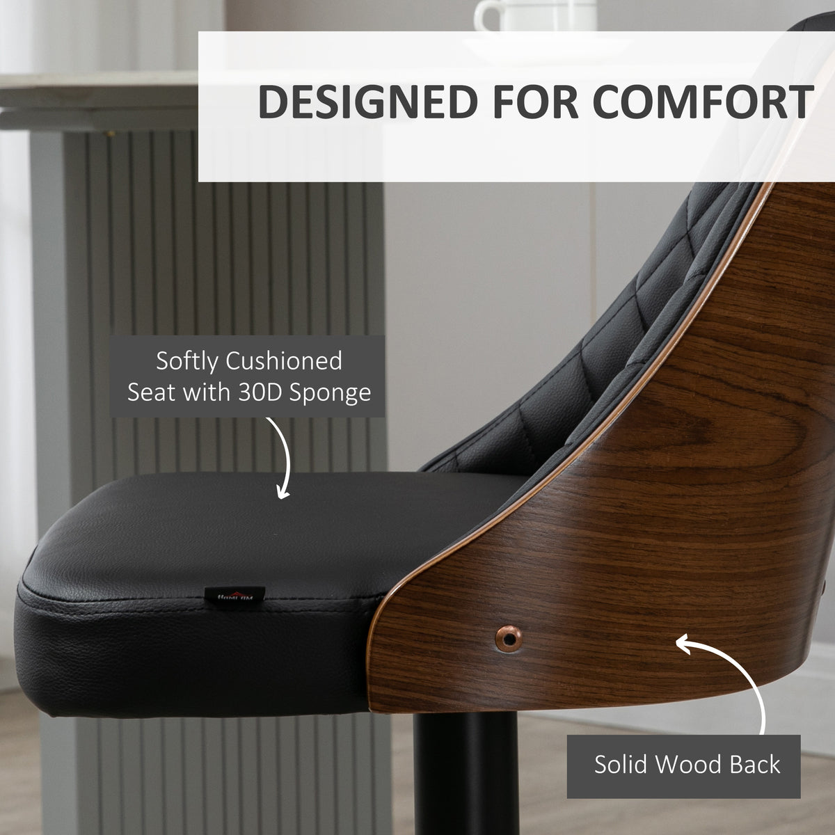 PU Leather Swivel Bar Height Stools with Wood Back, Adjustable, Set of 2, Black