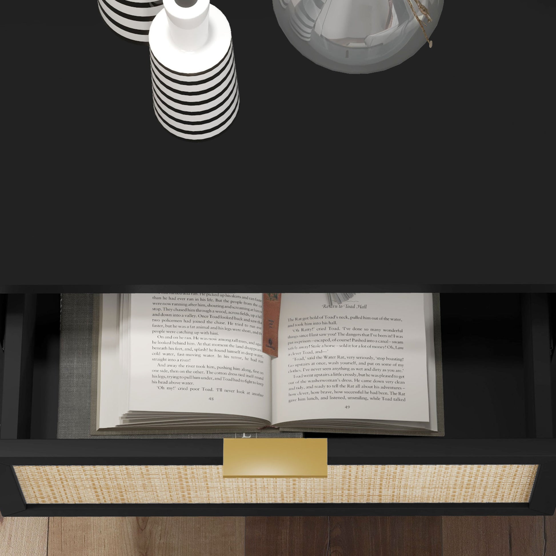 HOMCOM Modern Boho Black Nightstand with Rattan Drawer & Open Shelf