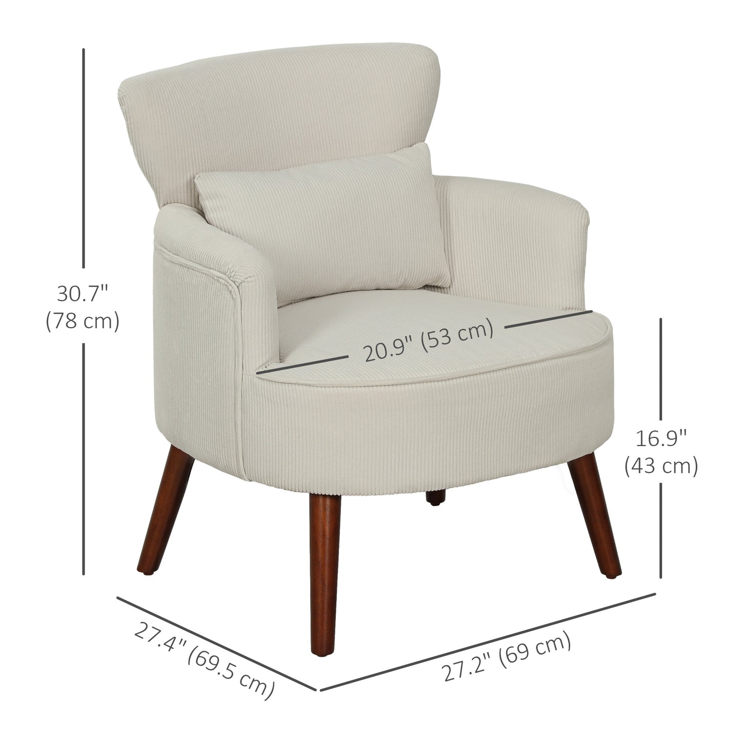 Modern Accent Chair, Upholstered Armchair with Solid Wood Legs and Lumbar Pillow for Living Room, Cream White