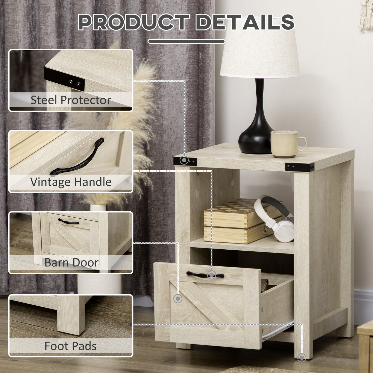 HOMCOM Farmhouse Side End Table with Drawer, Open Shelf & Barn-Style Panel