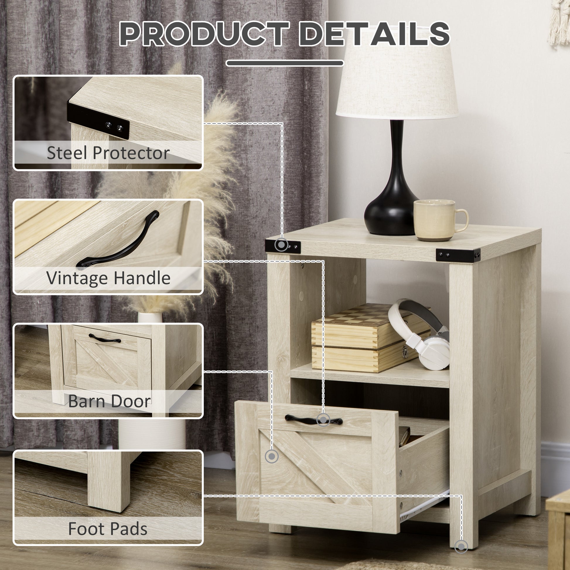 HOMCOM Farmhouse Side End Table with Drawer, Open Shelf & Barn-Style Panel