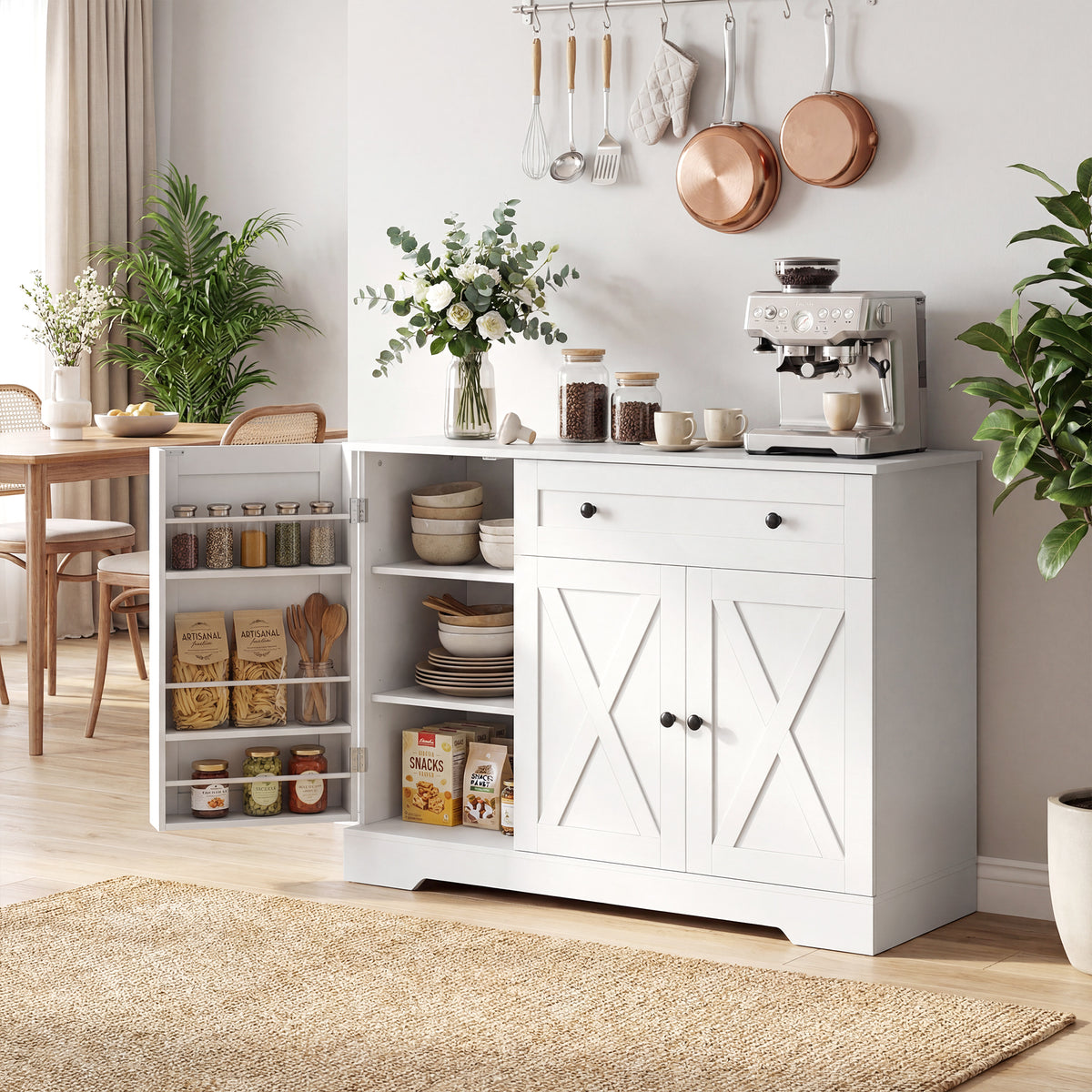 Farmhouse Sideboard with Barn Doors and Door Shelves – 47"W x 33"H