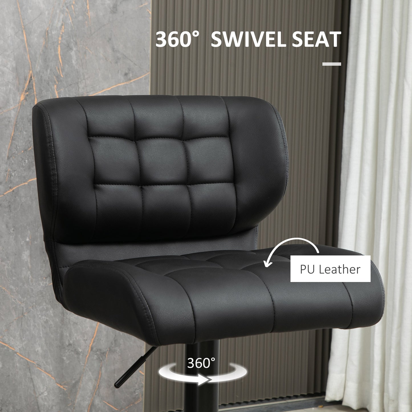 Set of 2 HOMCOM Adjustable Swivel Tufted Black PU Leather Bar Stools