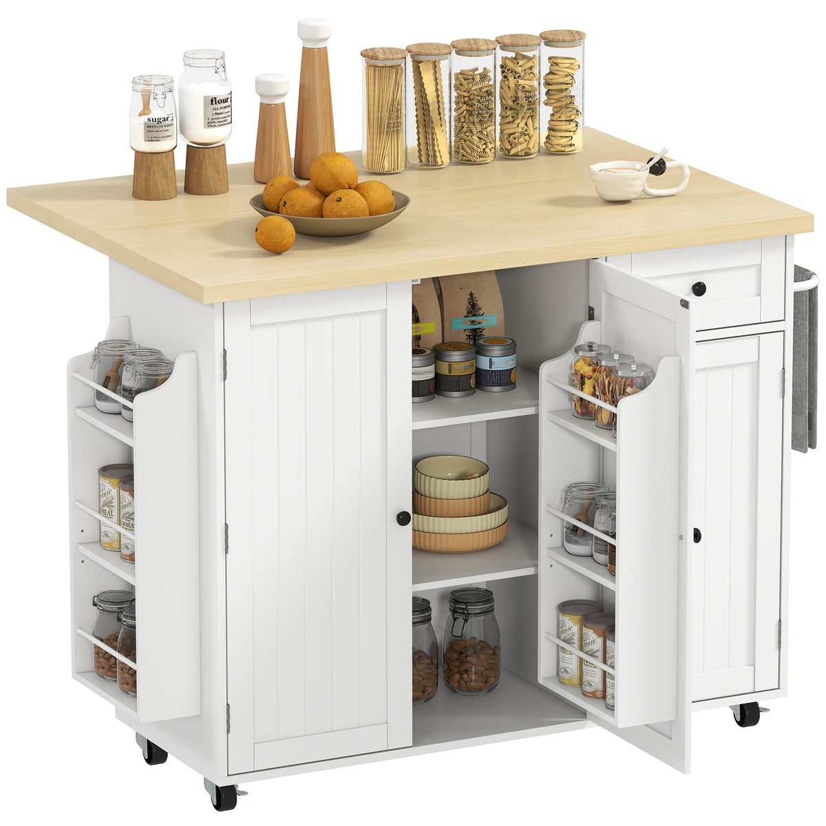 Rolling Kitchen Island Table with Drop Leaf – 49"W x 36"H