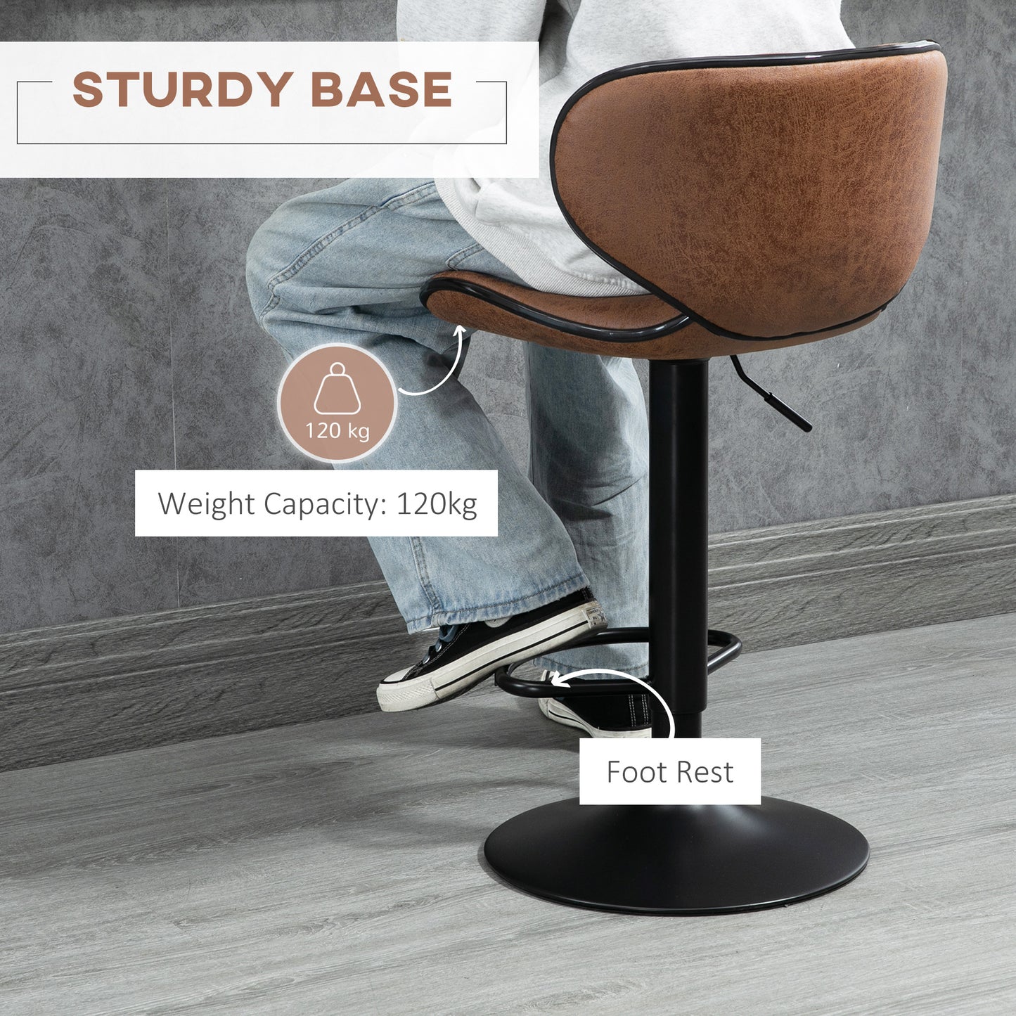 HOMCOM Vintage Brown Microfiber Adjustable Swivel Bar Stools, Set of 2