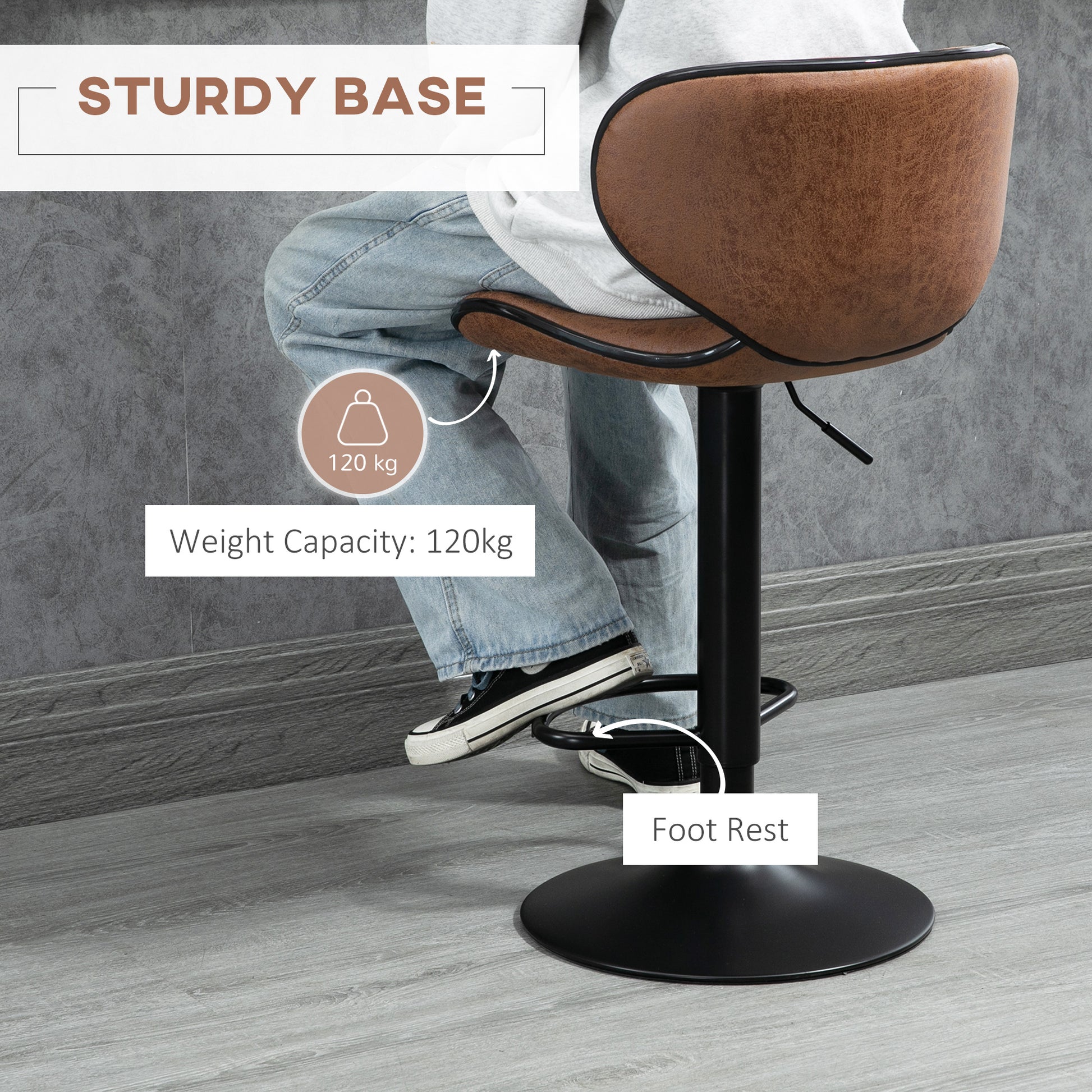 HOMCOM Vintage Brown Microfiber Adjustable Swivel Bar Stools, Set of 2