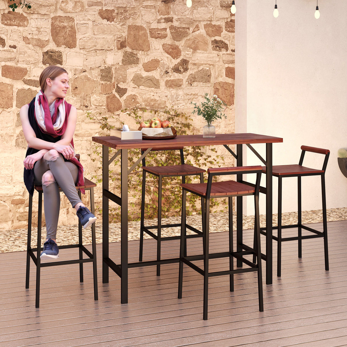 5 Piece Patio Bar Set with 47" Bar Height Table and 4 Bar Stools, for Backyard, Balcony, Porch, Pool, Lawn