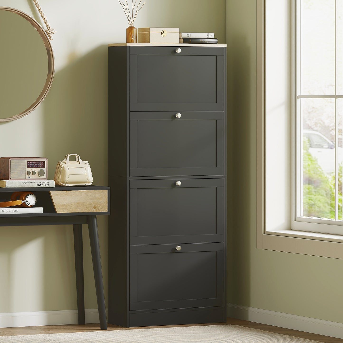 Space-Saving Black Shoe Cabinet: 4 Flip Drawers, Adjustable Shelves, 18-24 Pairs