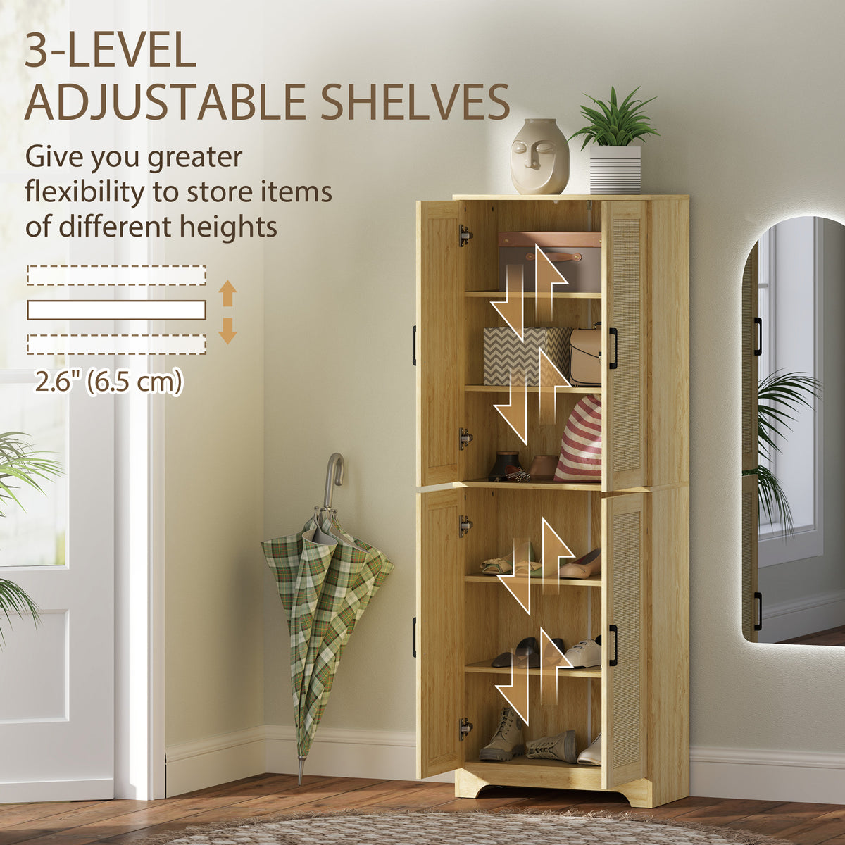 Tall Kitchen Pantry with 4 Rattan Doors and Adjustable Shelves – 24"W x 67"H
