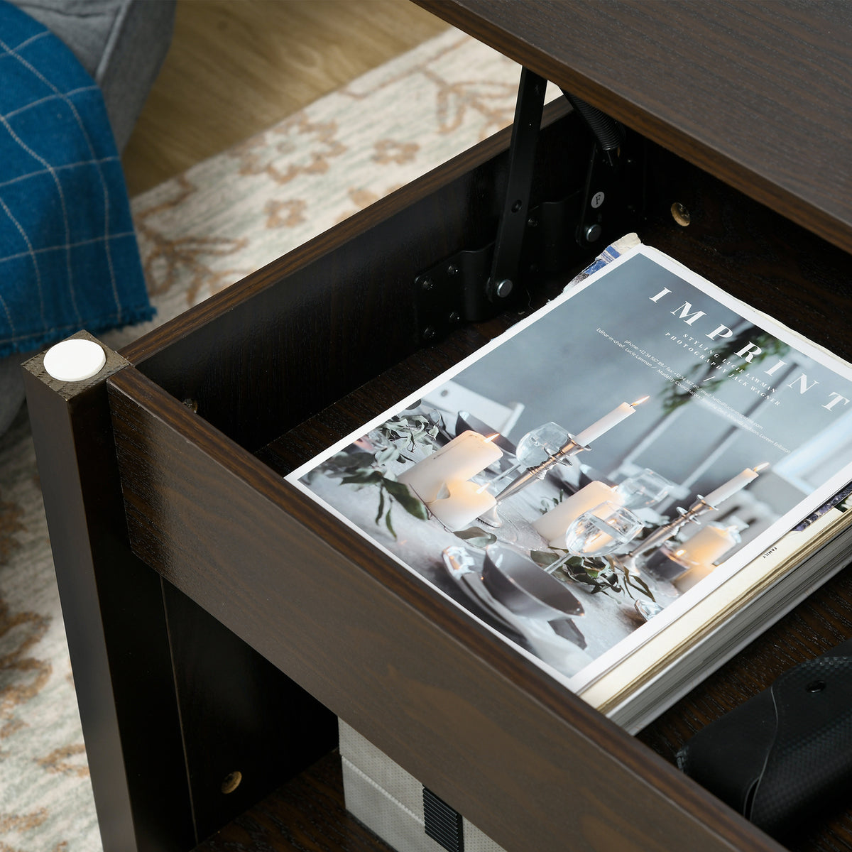 41" Lift-Top Coffee Table with Hidden Compartment and 3 Open Shelves