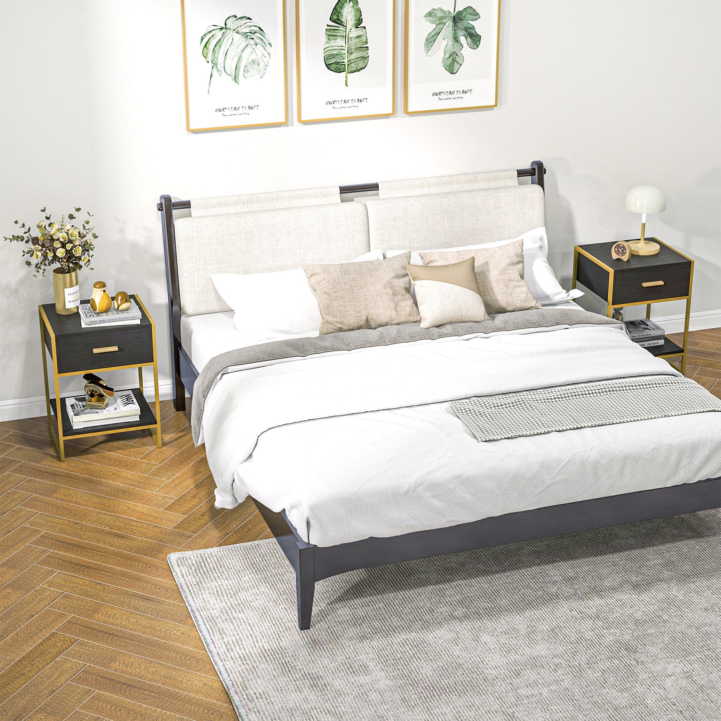 HOMCOM Modern Black Nightstand Set: Drawer, Shelf, Steel Frame