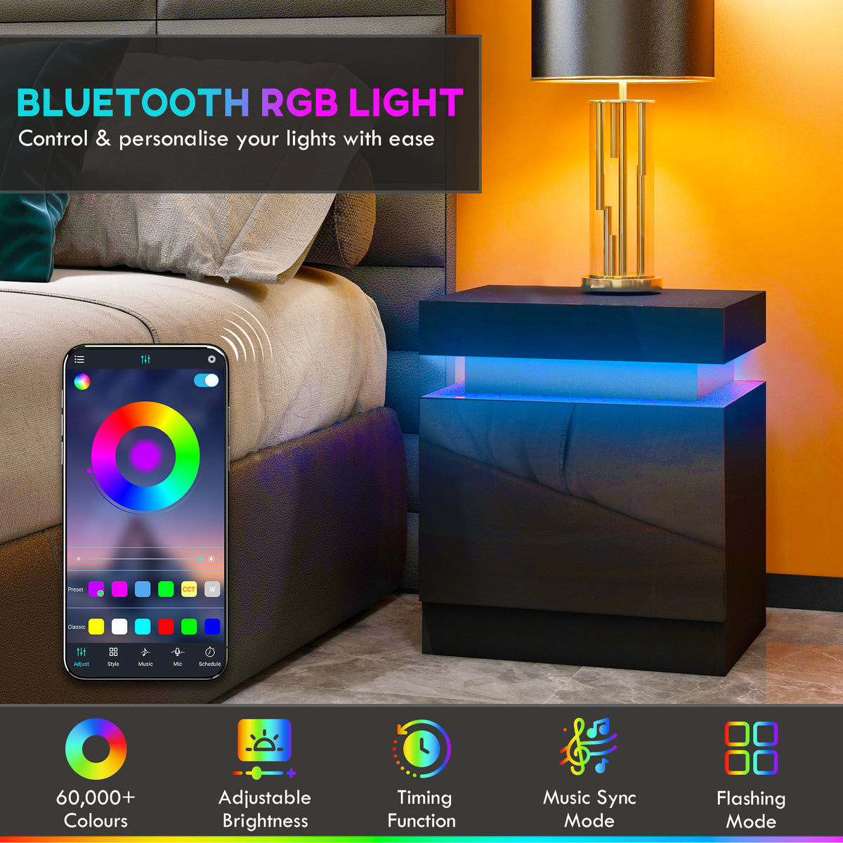 LED Nightstand with 2 Drawers – 18"W x 21"H