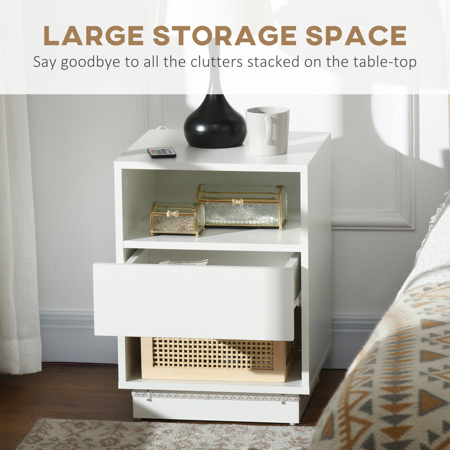 HOMCOM LED Nightstand Bedside Table with High Gloss Drawer and Shelves