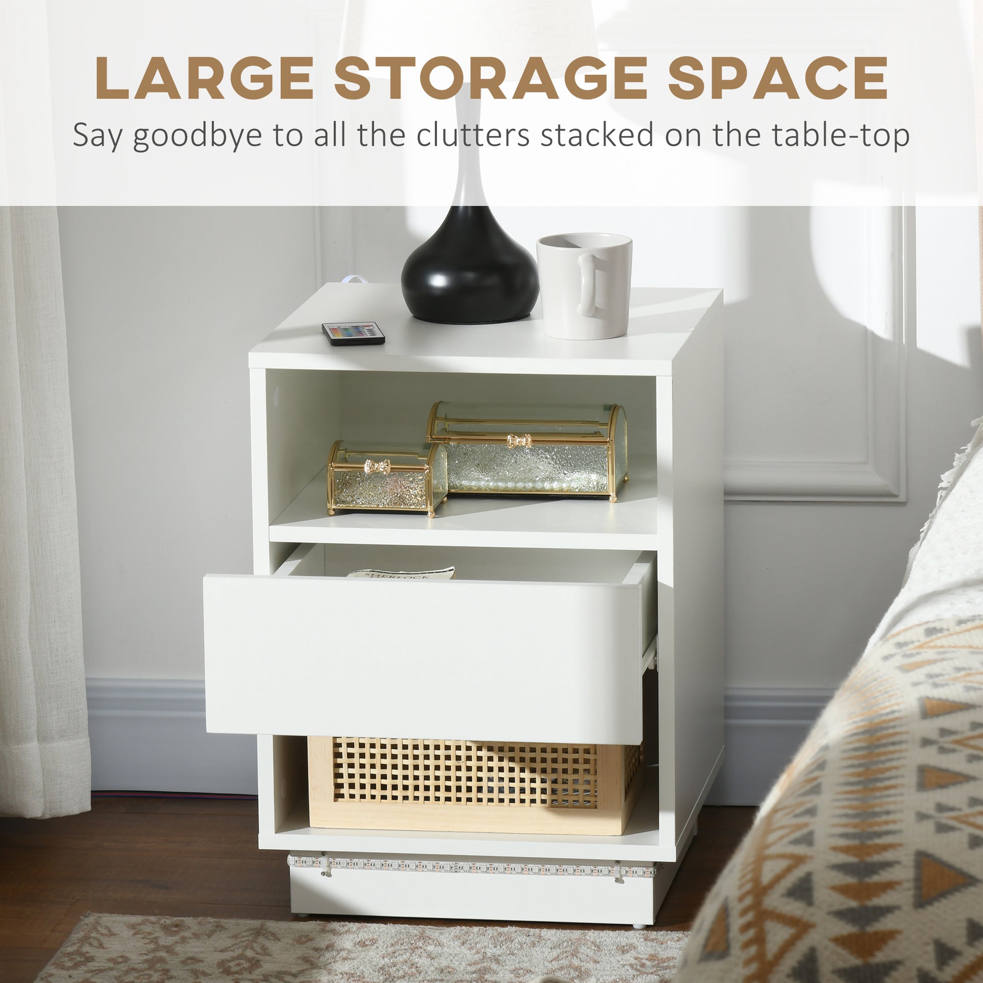 HOMCOM LED Nightstand Bedside Table with High Gloss Drawer and Shelves