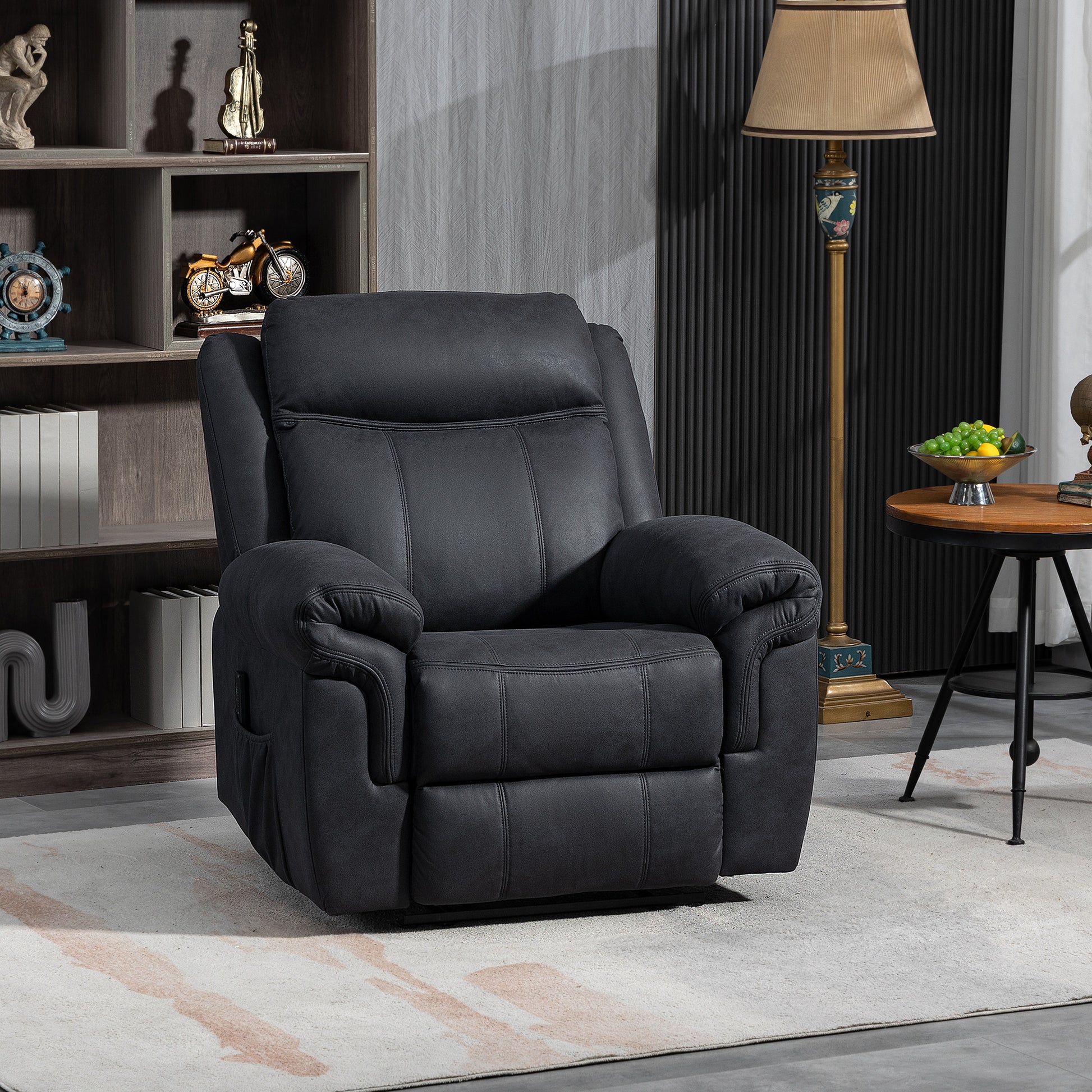 HOMCOM Black Microfiber Manual Recliner Chair with Vibration Massage, Side Pockets