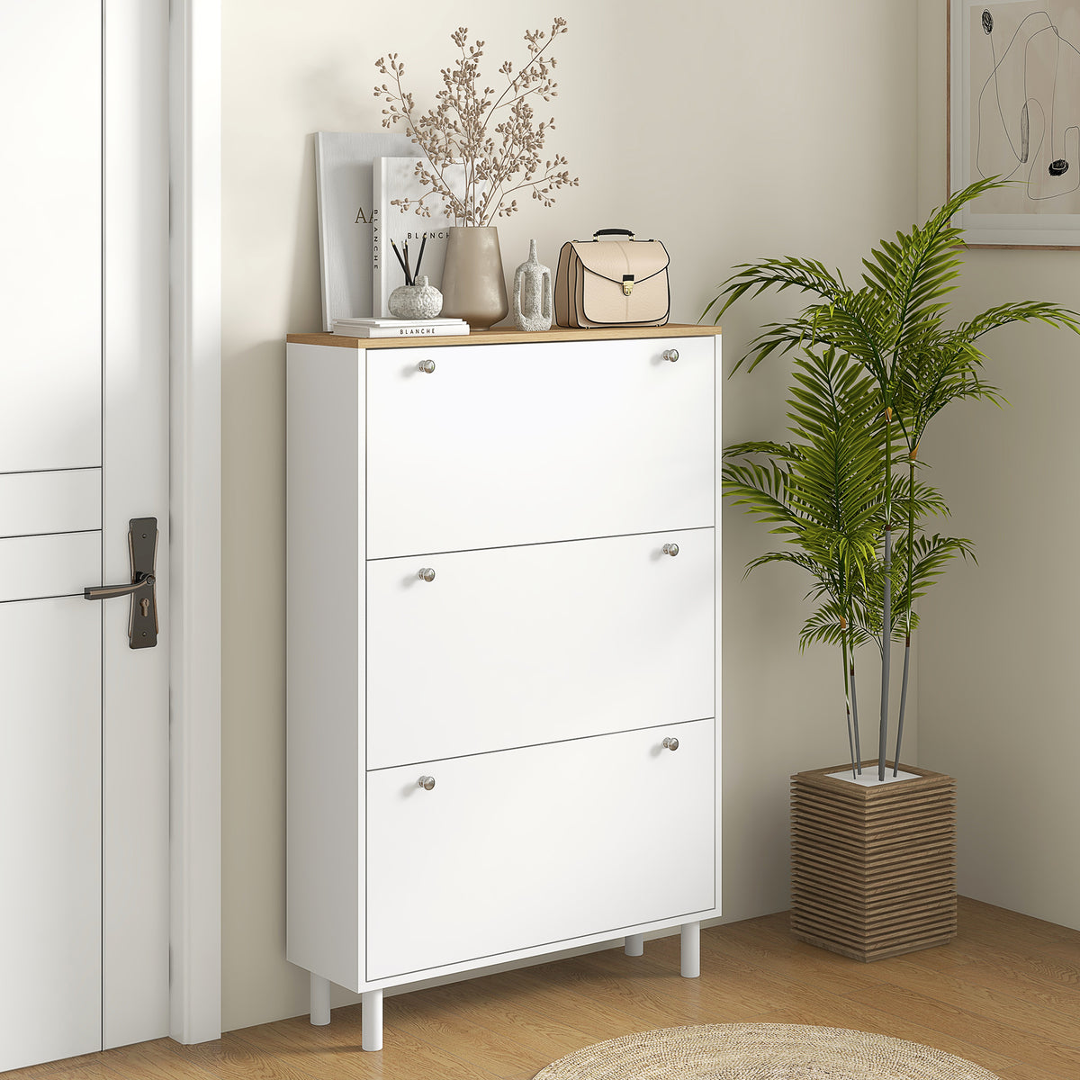 Modern Entryway Shoe Cabinet with 3 Flip Drawers – 32"W x 48"H