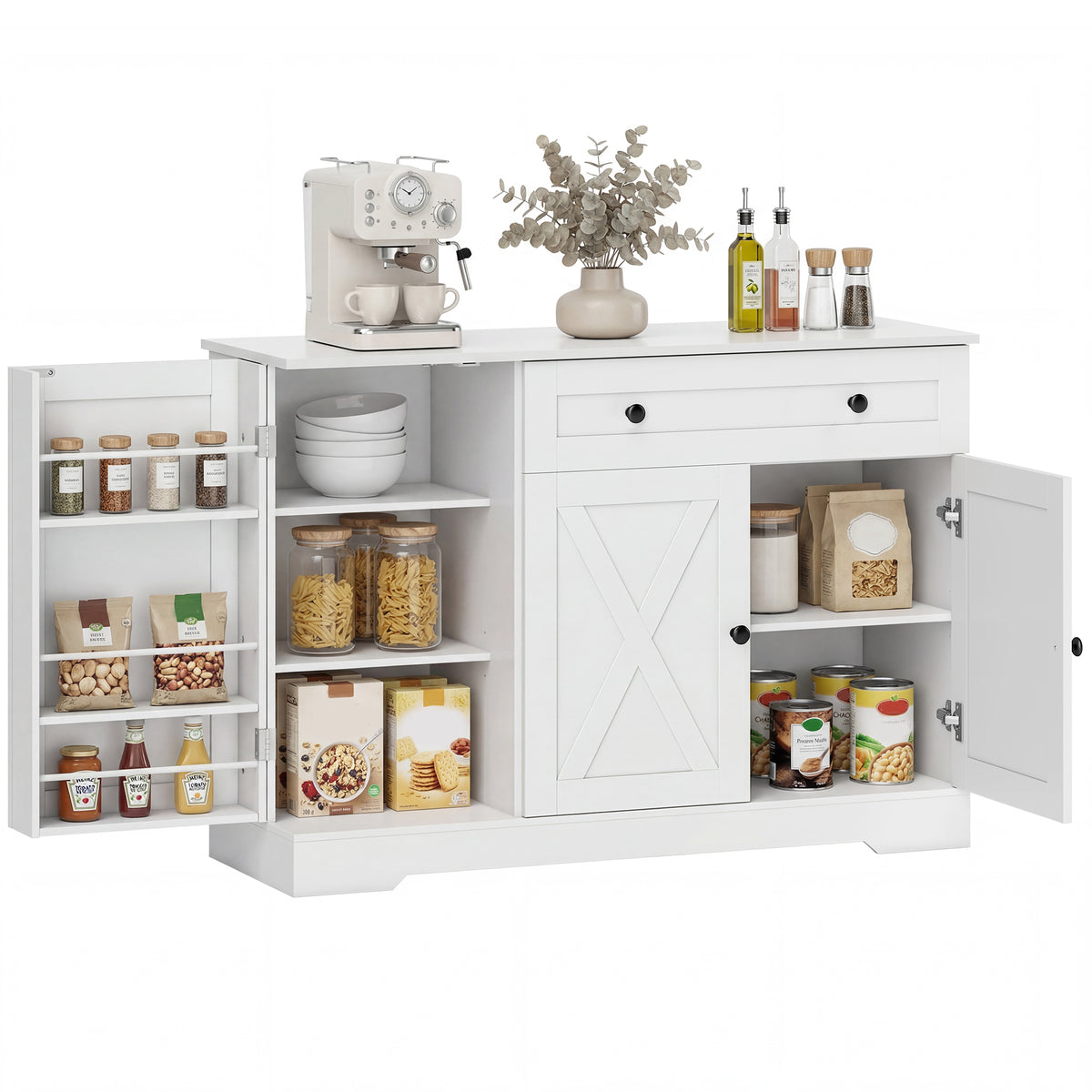 Farmhouse Sideboard with Barn Doors and Door Shelves – 47"W x 33"H
