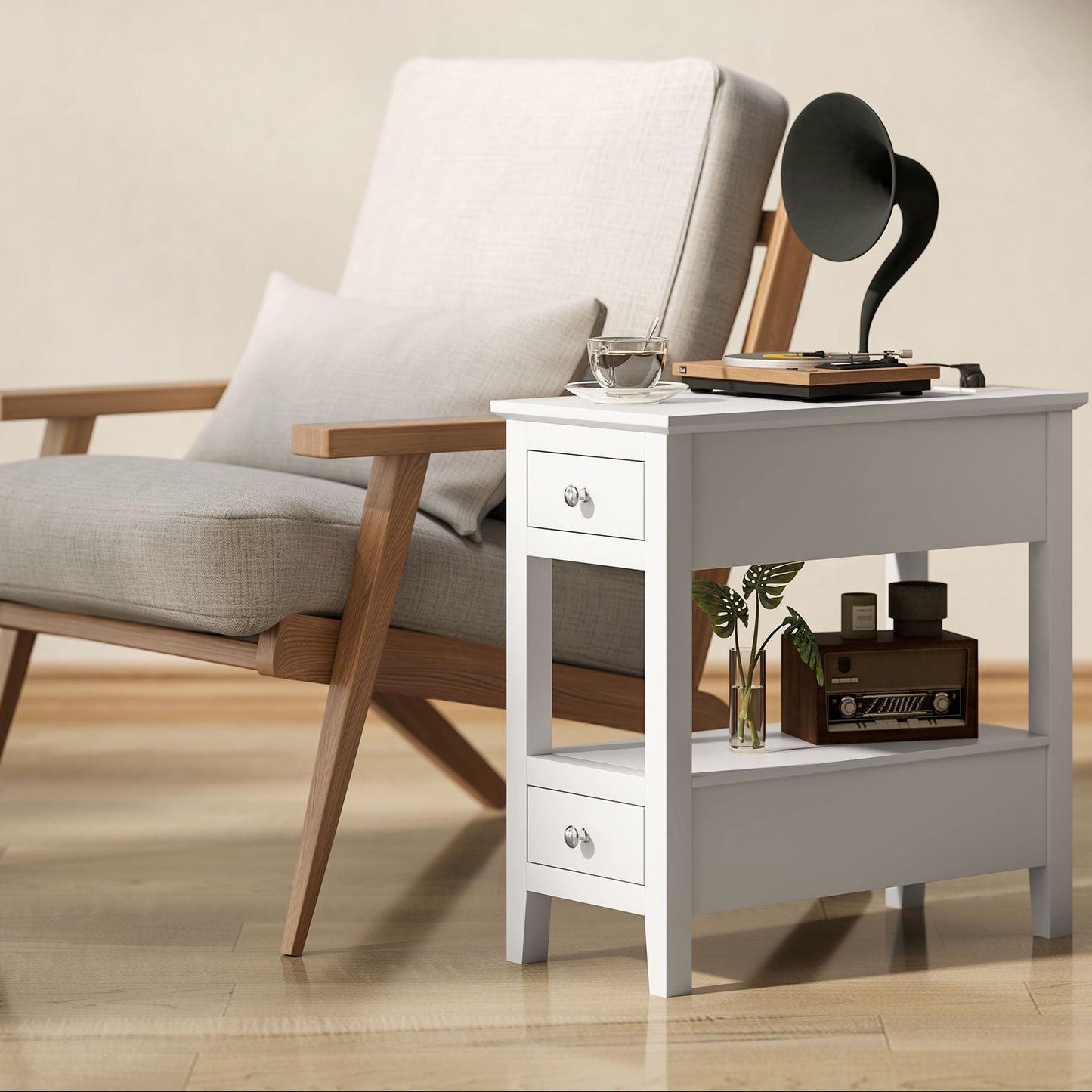 HOMCOM Modern Narrow Side Table with Charging Station USB Ports Storage Drawers