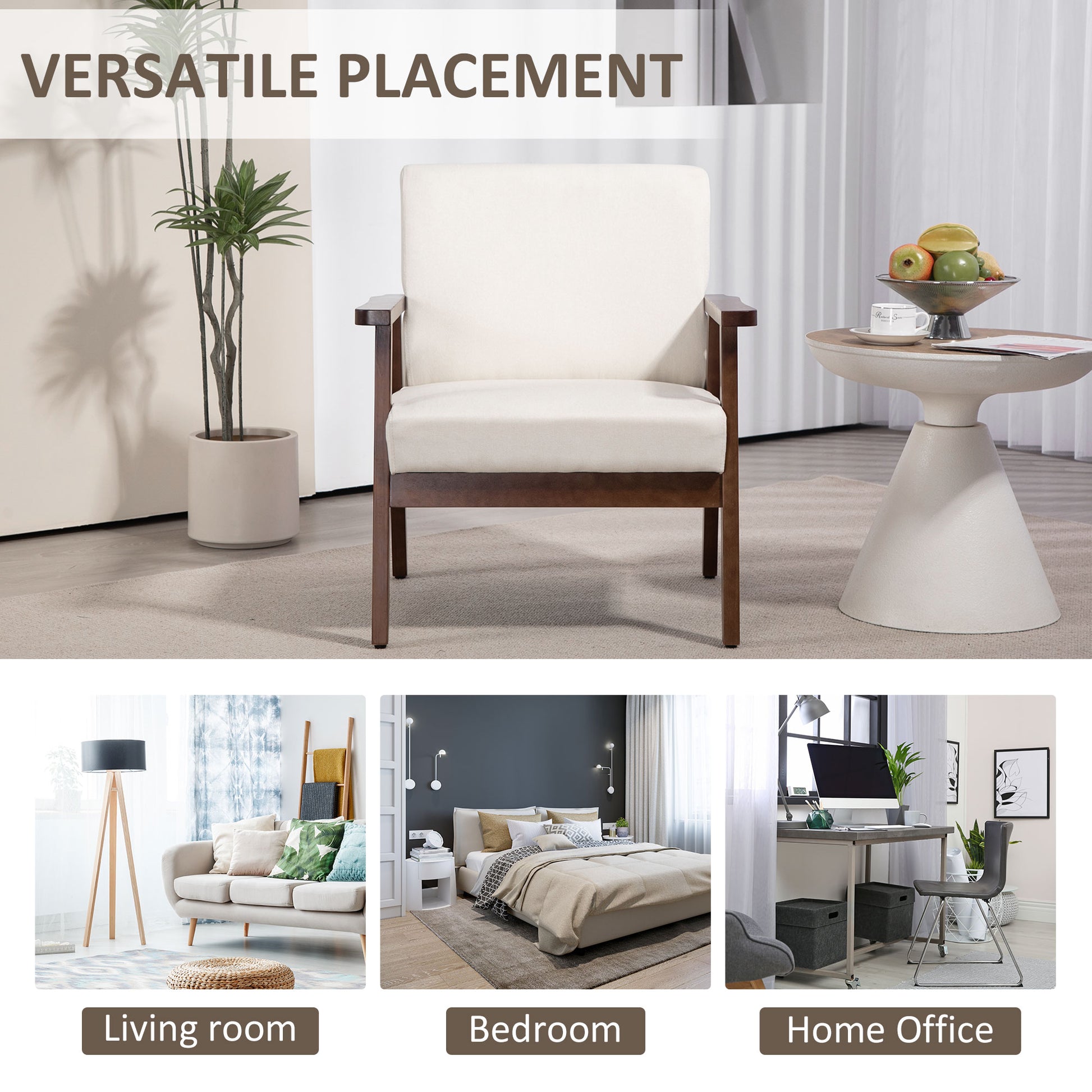 Modern Upholstered Linen-Feel Accent Armchair with Cushioned Seat, Cream White