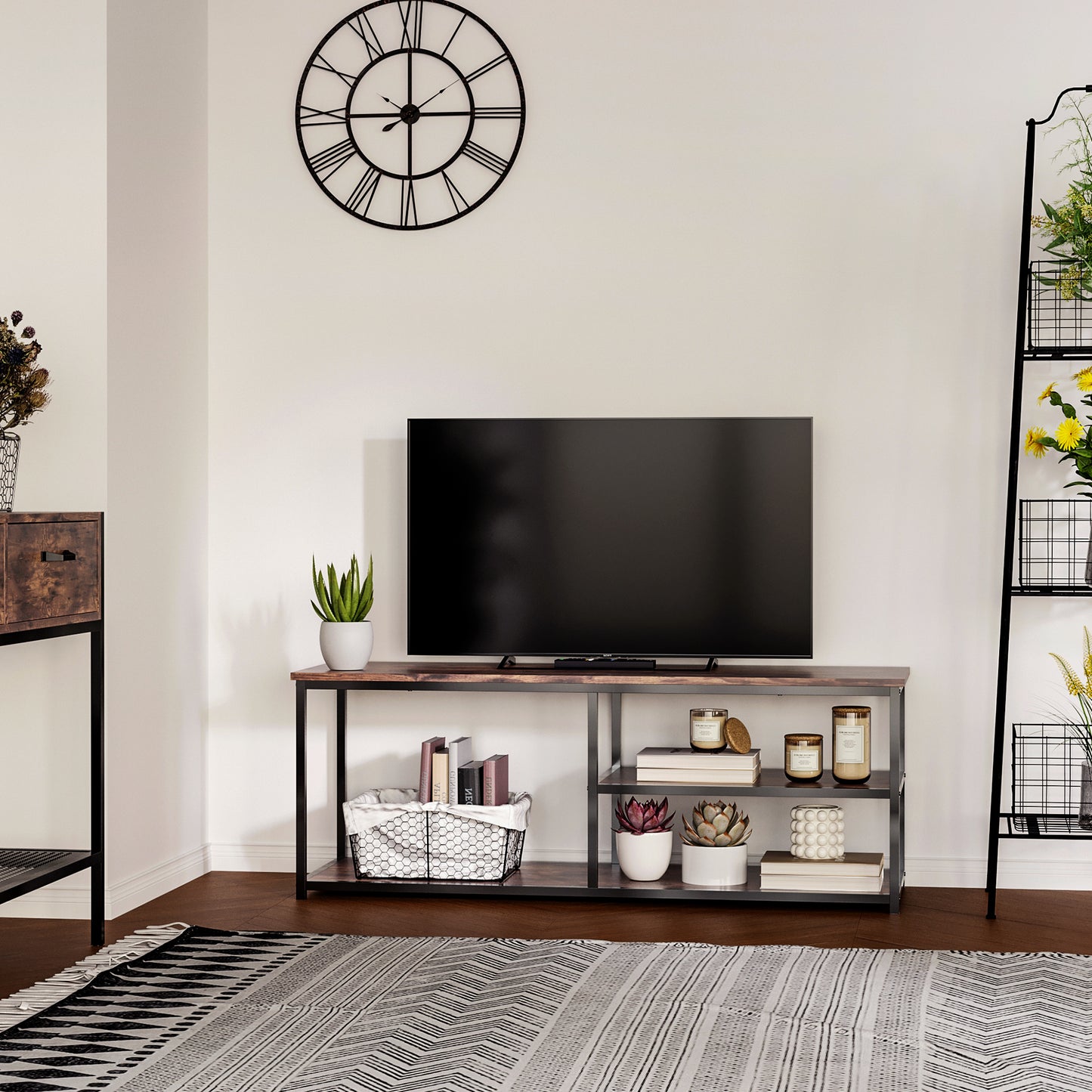 HOMCOM Industrial Rustic Brown TV Stand with Storage Shelves Metal Frame