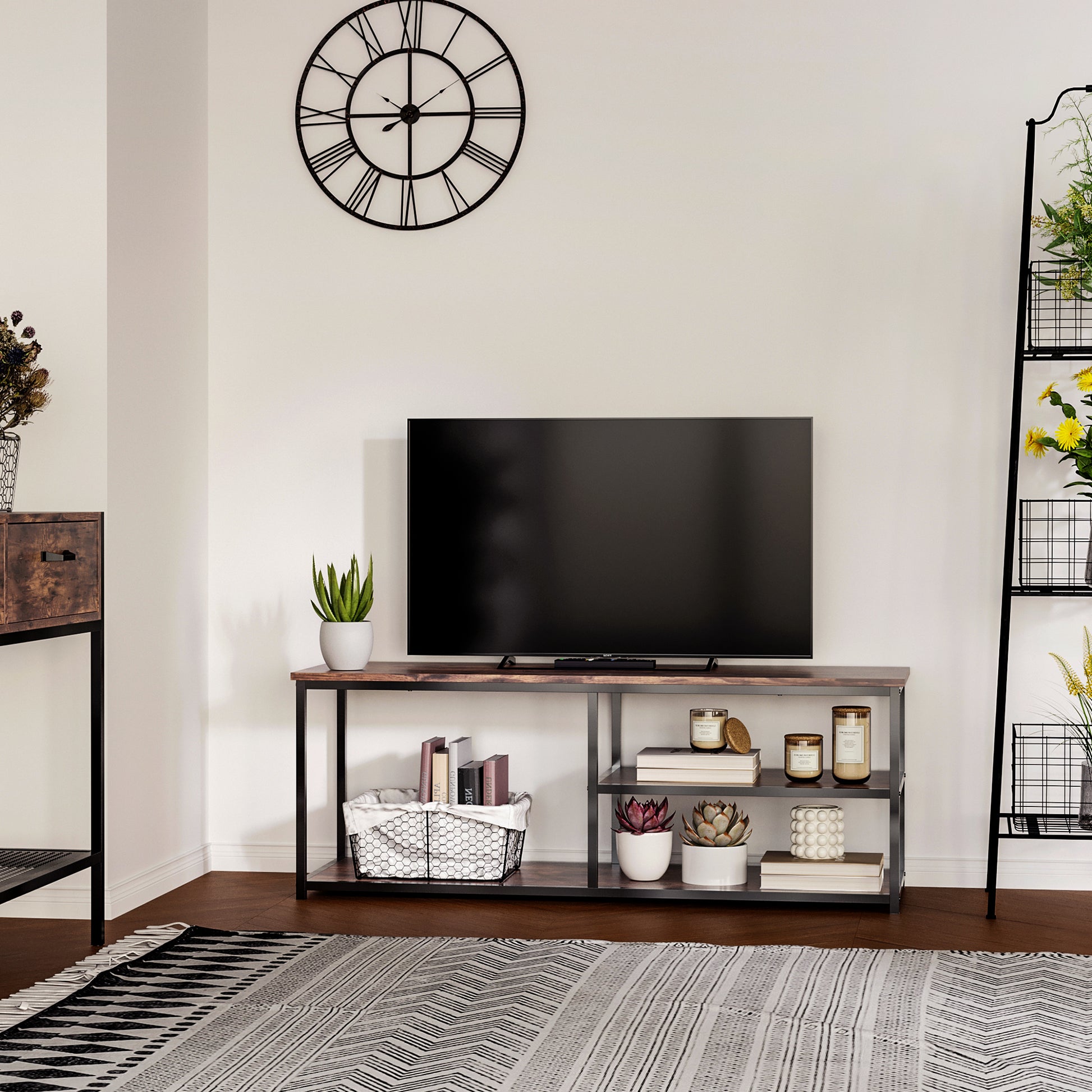 HOMCOM Industrial Rustic Brown TV Stand with Storage Shelves Metal Frame