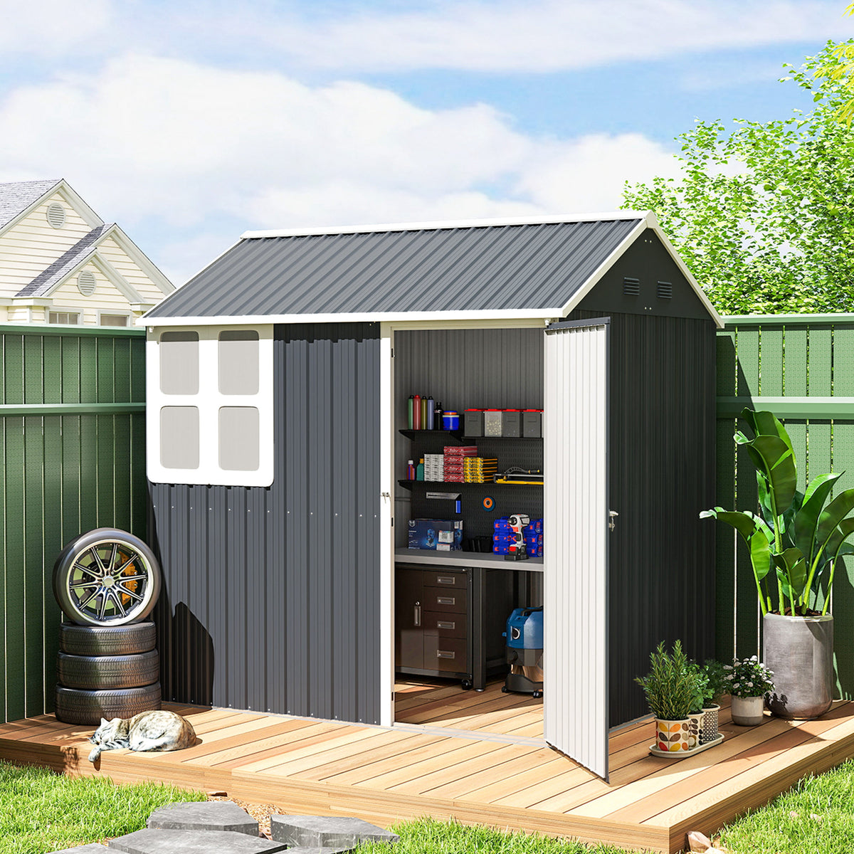 7' x 5.5' Metal Garden Storage Shed, Outdoor Tool Storage House with Lockable Door, Vents, Sloped Roof