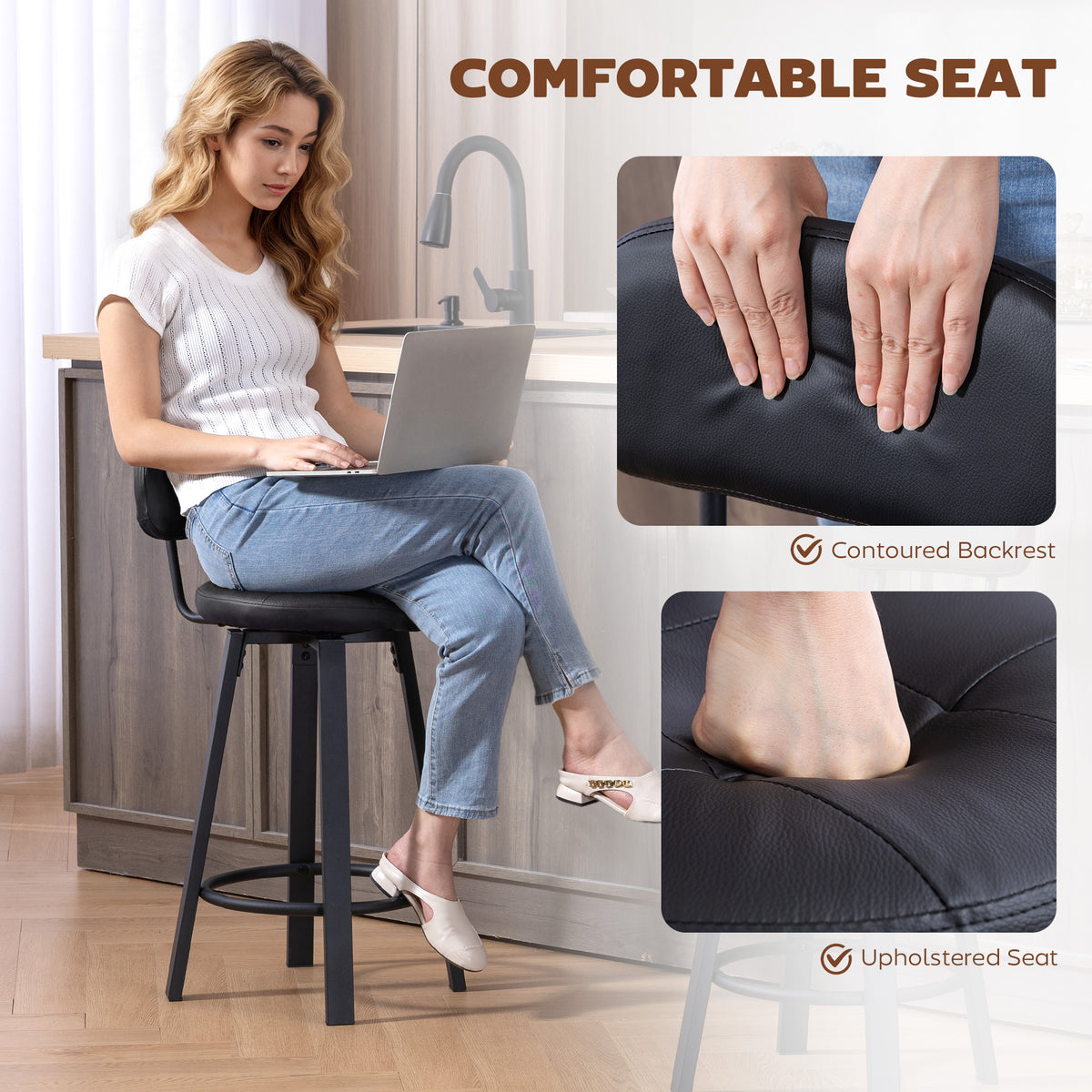 PU Leather Breakfast Bar Chairs with Footrest and Backrest, Set of 2