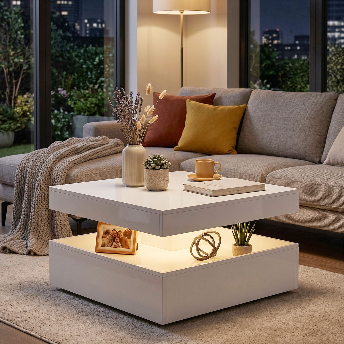 Square LED Coffee Table with 2-Tier Open Storage, High Gloss White