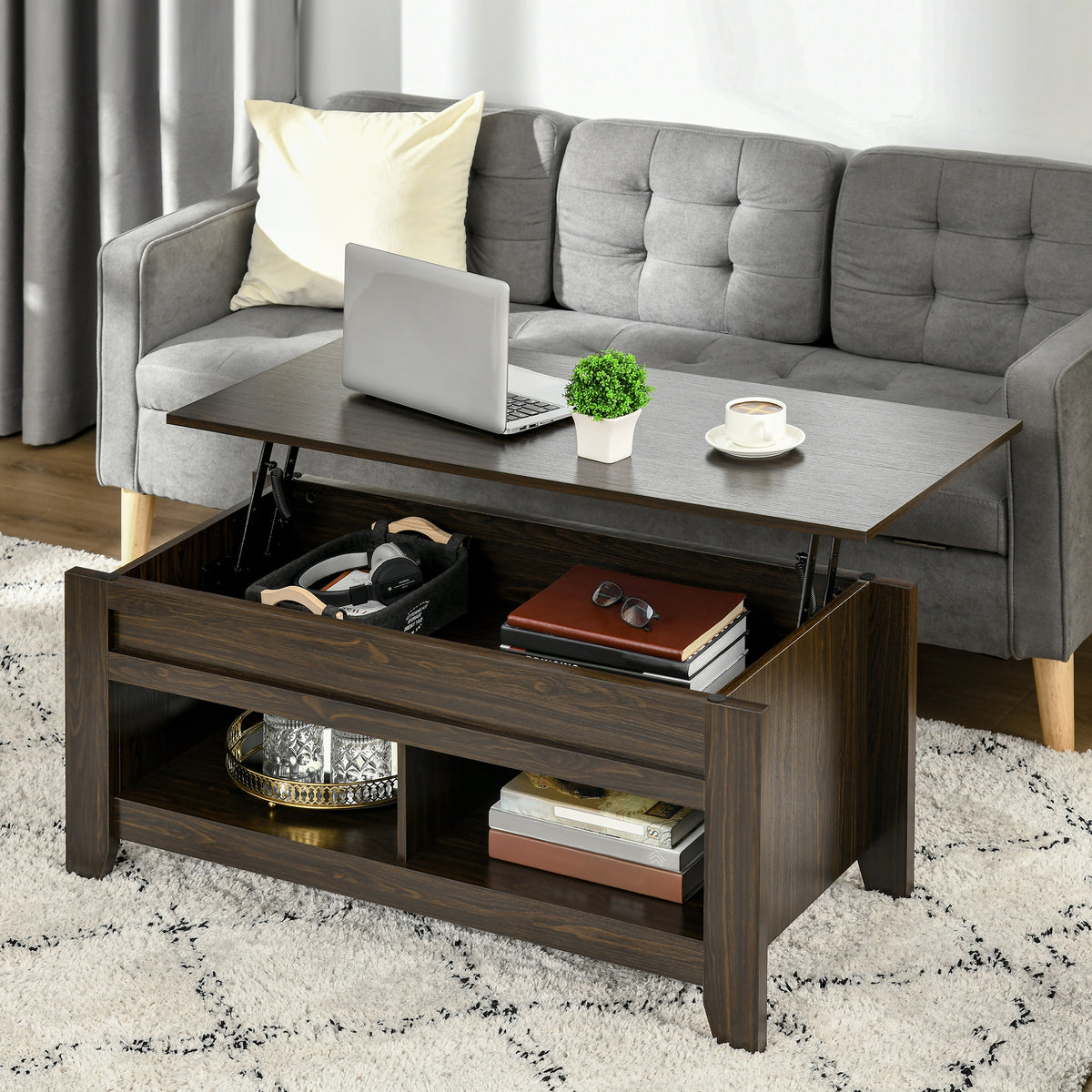 Lift-Top Coffee Table with Hidden Storage and Open Shelves