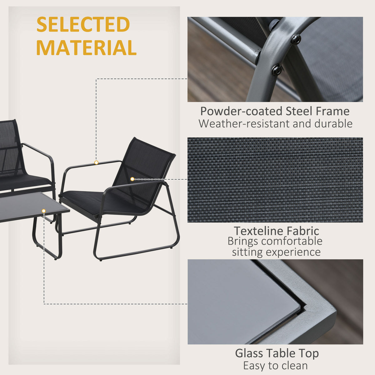 4 Piece Patio Furniture Set, Outdoor Conversation Set with Loveseat Sofa, Armchairs, Glass Top Coffee Table